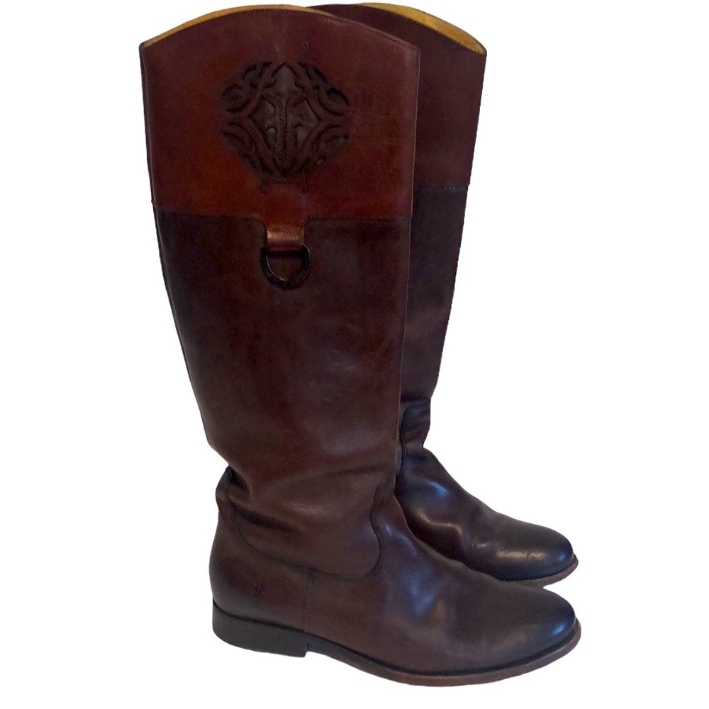Frye Melissa Logo boots size 9 1/2 B two toned brown knee length Frye logo on it